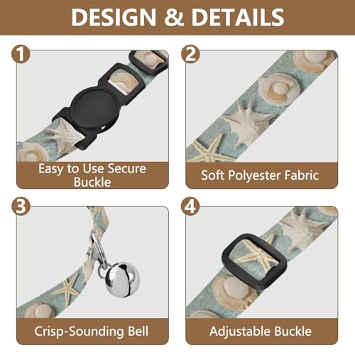 Seashells Turquoise Small Cat Collar, 2 Pack Decorative Pet Collar with Bell - color: Seashells Turquoise