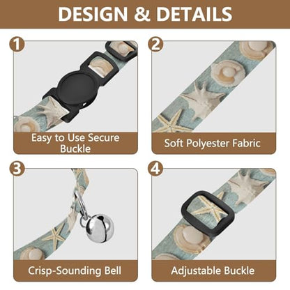 Seashells Turquoise Small Cat Collar, 2 Pack Decorative Pet Collar with Bell - color: Seashells Turquoise