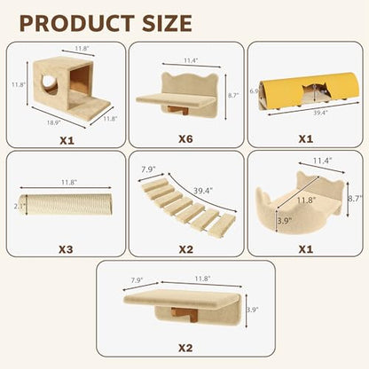 16-in-1 Cat Wall Shelves, Wall Mounted Cats Furniture Set w/Plush Fabric, Cat Climbing Wall Systems, Cats Shelf with 40''L Tunnel, Condos, House, Steps, Bridge Ladder & Scratching Post, Beige - color: Beige, size: 16-in-1