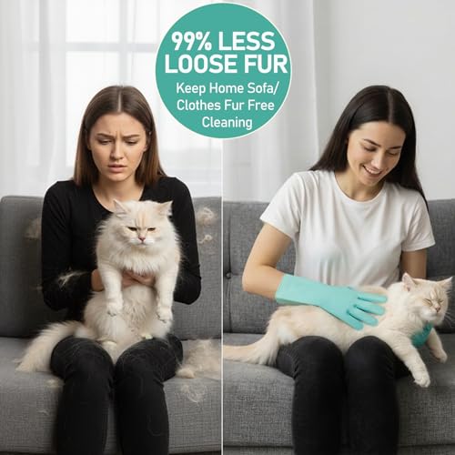 Cat Grooming Gloves for Hair-Removal: Effective at Removing 99% Loose Fur - Keep Home Sofa/Clothes Fur Free Cleaning & Silicone Bristles - Gentle Grooming for Short-long Hair Cats (2 Pack)