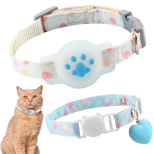 2 Pcs Cat Collar Compatible with Airtag, Blue Breakaway Luminous & Heart Quick Release Safe Buckle Cat Accessories, Adjustable Lightweight Kitten Hidden GPS Tracker Holder for Cats Kittens (9.4-15.7") - color: BIUE