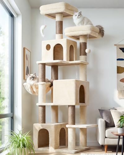 Globlazer Cat Tree Tall, 71 inches Cat Tower for Indoor Adult Cats Multi-Level 3 Condos for Indoor Cats XL Cat Tree Tower with Scratching Posts, Soft Extra Large Hanging Basket, F71, Beige - color: Beige