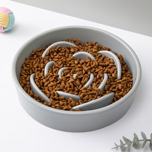 8.25'' Ceramic Slow Feeder Dog Bowls - Petal Shape Modern Dog Food Dish for Medium and Large Breeds, Puzzle Maze Bowl to Slow Down Eating, Anti-Gulping, Dishwasher & Microwave Safe, Grey - color: Grey, size: 8.25 inch