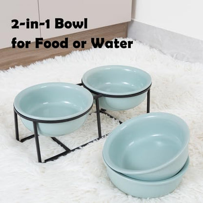 Ceramic Elevated Dog Bowl Set - Double Dog Food and Water Bowls with Metal Stand - Raised Pet Dishes for Puppies and Cats - 2 Cups - 12.5 fl oz - Green - color: Green, size: S-200ml