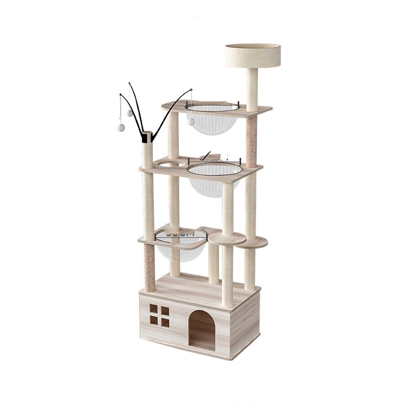 66.8'' Wooden cat Tree with cat Condo, Cat Stairs Scratching Posts, 3 Bowl,Toys,Sisal Scratching Posts and Top Perch.Cat Tree for Large Cats.