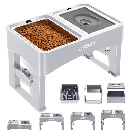 UPSKY 3-in-1 Elevated Dog Bowls: Slow Feeder, Adjustable Stand, No Spill Dispenser - Stainless Steel Food & Water Bowl for Small to Medium Dogs, White - color: E-3-in-1 (White)