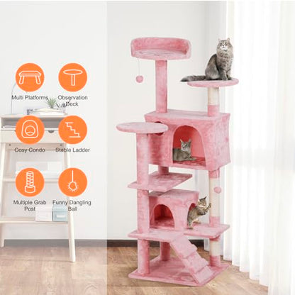 Nova Microdermabrasion 54 in Cat Tree Tower for Indoor Cats Multi-Level Cat Condo Cat Bed Furniture with Scratching Post Kittens Activity Center (Pink) - color: Pink