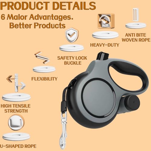 Dual Retractable Dog Leash 2 Large Dogs (Up to 110 Lbs Each), 2 Headed Pet Leash with Poop Bags, 26ft/8m Extension, Non-Slip Grip, One-Button Break & Lock, 360-degree Tangle-Free (Gray, Extra Large) - color: Gray, size: Extra Large
