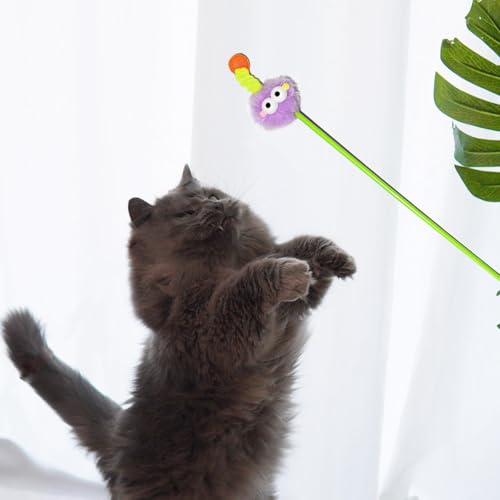 IUHKBH Cat Wands, 3 PCS Fluffy Ball Teaser Wands Interactive Kitten Toys Adorable Cat Toys No Noise Kitty Wand for Energetic Kittens
