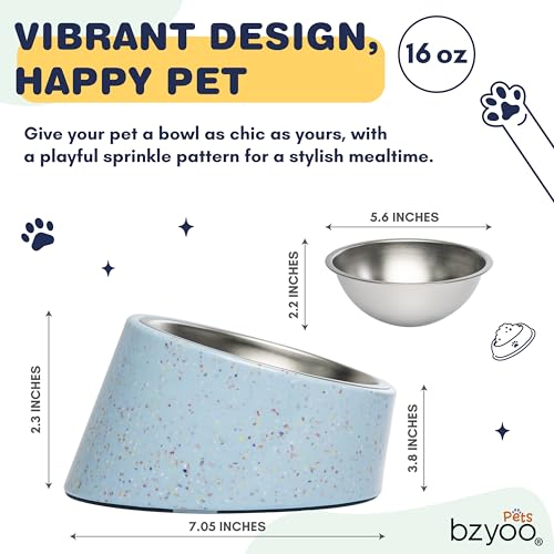 bzyoo 16oz Tilted Dog Bowl for Small Dogs & Cats, 15° Elevated Stainless Steel Pet Feeder, Ergonomic Anti-Vomiting Food Bowl for Frenchie, Pug, Persian Cat, Non-Skid Melamine Stand, Sprinkle (Blue) - color: Blue
