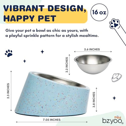 bzyoo 16oz Tilted Dog Bowl for Small Dogs & Cats, 15° Elevated Stainless Steel Pet Feeder, Ergonomic Anti-Vomiting Food Bowl for Frenchie, Pug, Persian Cat, Non-Skid Melamine Stand, Sprinkle (Blue) - color: Blue