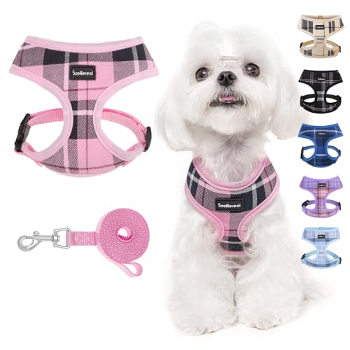 SCENEREAL Puppy Dog Harness with Leash Set for Small Medium Sized Dogs, Soft Mesh Pet Harnesses and Leash, No Chock Plaid Adjustable No Pull Vest for Dogs Cats, Chihuahua,Bulldog (Pink XS) - color: Pink, size: XS: Chest Girth: 10"-14"