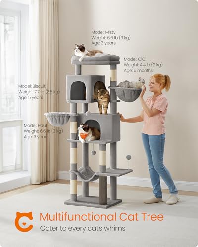 Feandrea Cat Tree, 69-Inch Tall Cat Tower, Multi-Level Plush Condo with 2 Caves, 2 Baskets, 5 Scratching Posts, Self-Groomer, Perch, Hammock, Dove Gray UPCT182G01 - color: Dove Gray