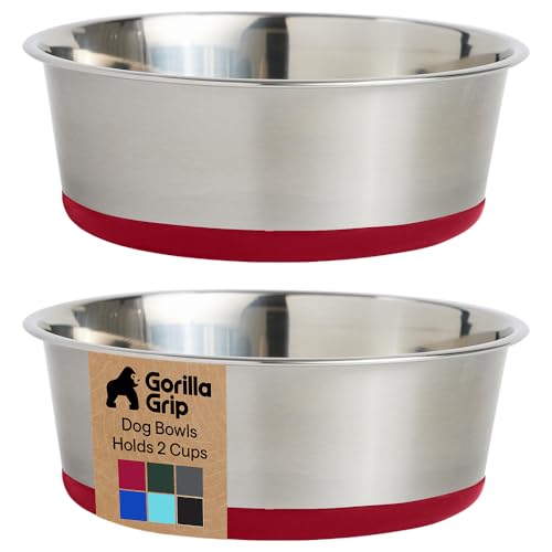 GORILLA GRIP Dog Bowls, Food Grade 304 Stainless Steel, Holds 2 Cups Each (16 fl oz) Food and Water Bowl for Feeding Dogs and Cats, Dishwasher Safe, Rust Resistant, BPA Free Rubber Base Set of 2 Red - color: Red, size: 2 Cup (16 Oz)