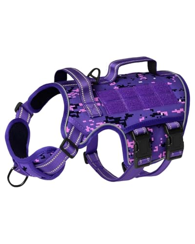 Tactical Dog Harness Medium Sized, Heavy Duty No Pull Dog Harness with Handle, Easy On and Off Service Dog Vest with Molle System, Reflective Pet Vest for Walking Hiking Training - color: Purple Camo, size: M(Neck:17-23",Chest:22-32"),35-50 lbs