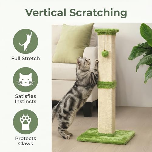 32" Tall Cat Scratching Post, Cat Scratcher with Heavy Duty Thick Wood Base, Cat Tower with Natural Sisal Rope and Hanging Ball, Plant-Like Design Scratching Post, for Small and Adult Kittens, Green - color: LIght Green
