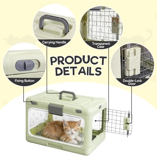 Hard Cat Carrier,Dog Crate for Small Dogs,Cat Kennel Clear,Foldable Dog Kennel with Urine Pad Mesh Grid,Ventilation & Hard Plastic Protection Transparent Pet Carrier 20" L,Green - color: Green
