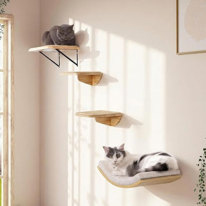 Cat Wall Shelves and Cats Window Perch – Natural Wood 4-Piece Set with Foam-Padded Curved Bed and Felt Steps, Space-Saving Wall Mounted Design - color: Foam/Felt-Wood, size: 1 Curved Bed 1 Shelf 2 Steps