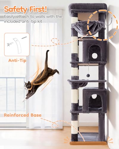 Taoqimiao Heavy Duty Cat Tree, 73in Cat Tower for Indoor Cats 25 lbs+, Extra Large Cat Tree, 2 Widen Condos, Enlarged Sleeping Platform, 9 Scratching Posts, 2 Cozy Baskets, Cat Toys, F30G Smoky Gray - color: Smoke Gray