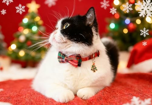 Cat Collar Breakaway Bowtie Safety with Bell Adjustbale Kitten Puppy Solid Plaid Color Set P-[2pcs] Xmas Plaid - color: P-[2pcs] Xmas Plaid