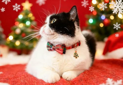 Cat Collar Breakaway Bowtie Safety with Bell Adjustbale Kitten Puppy Solid Plaid Color Set P-[2pcs] Xmas Plaid - color: P-[2pcs] Xmas Plaid
