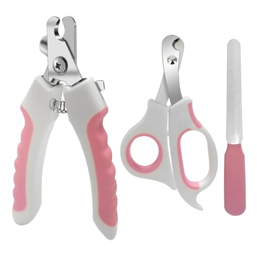 Pet Nail Clippers and Trimmers Set Safety Guard to Avoid Over Cutting Razor Sharp Blades Grooming Tool for All Small Large Dog Cat (Pink) - color: Pink