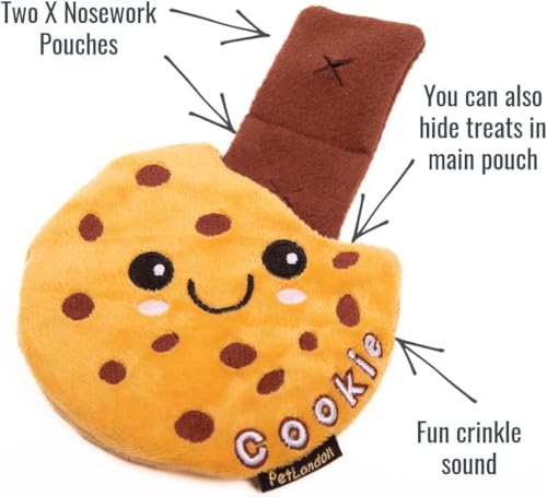 Pet London Nosework Cookie Dog Toy-Hide & Seek for treats, snuffle and encourage foraging for dogs, plush soft toy with crinkle sound