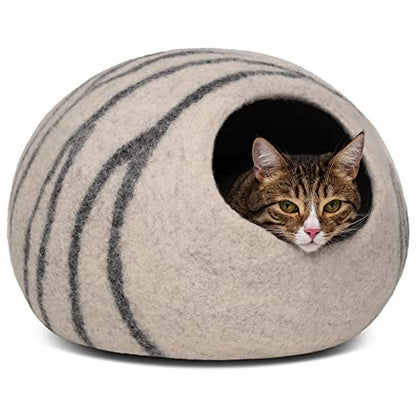Meowfia Premium Felt Cat Bed Cave (Light Grey/Medium) and Wool Ball Toys (6-Pack) Bundle