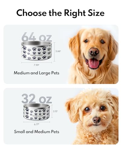 Dog Bowl, HomeRunPet Dog Food Water Bowl with Non-Slip Rubber Base, Metal Insulated Stainless Steel Dog Bowls, Double Wall Dog Bowl for Small Medium Large Dogs, Durable, Dishwasher Safe, 32oz - color: Paw Print