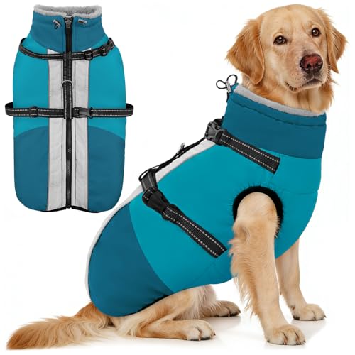 AOFITEE Dog Coat for Large Dogs, Waterproof Dog Winter Jacket with Built in Harness, Warm Turtleneck Cold Weather Coats Large, Reflective Fleece Lined Snow Jacket for French Bulldog, Boston Terrier, L - color: PineGreen, size: Large
