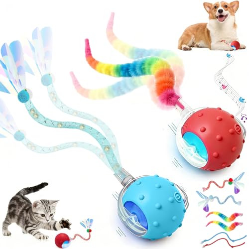 2PCS Interactive Cat Toys for Indoor Cats with 6 Tails, Automatic Cat Toy Fast Rolling on Carpet/ Wooden Floor/ Tiles, Rechargeable Kitten Toys for Small/ Medium/ Large Cats to Enrichment Exercise - color: 2pc R+B
