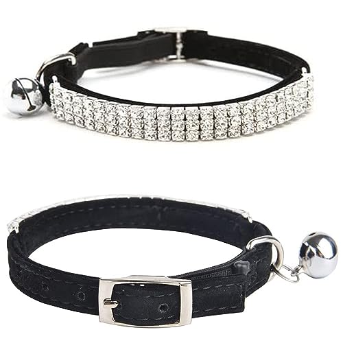 CHUKCHI Soft Velvet Safe Cat Adjustable Collar Bling Diamante with Bells,11 inch for Small Dogs and Cats (Black) - color: Black