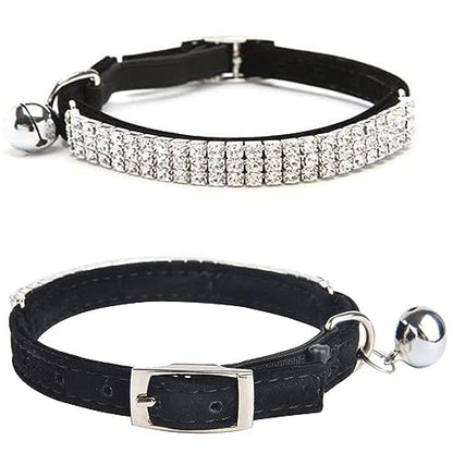 CHUKCHI Soft Velvet Safe Cat Adjustable Collar Bling Diamante with Bells,11 inch for Small Dogs and Cats (Black) - color: Black