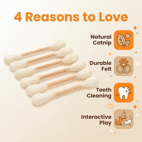 Cotton Swab Cat Toy with Catnip, 6 Pack Interactive Kicker Chew Stick for Indoor Pet Dental Play