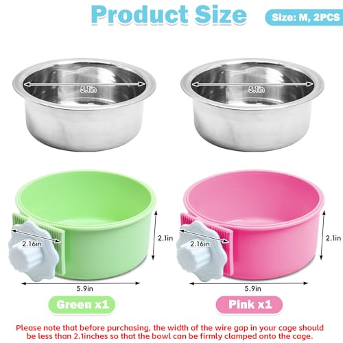 kathson Crate Dog Bowl, Removable Stainless Steel Hanging Pet Cage Bowl Food & Water Feeder Coop Cup for Cat, Puppy, Birds, Rats, Guinea Pigs (2 PCS, Size: M, Green and Pink) - color: Size: M (Green, Pink), size: 2 PCS