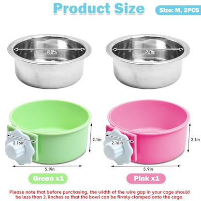 kathson Crate Dog Bowl, Removable Stainless Steel Hanging Pet Cage Bowl Food & Water Feeder Coop Cup for Cat, Puppy, Birds, Rats, Guinea Pigs (2 PCS, Size: M, Green and Pink) - color: Size: M (Green, Pink), size: 2 PCS