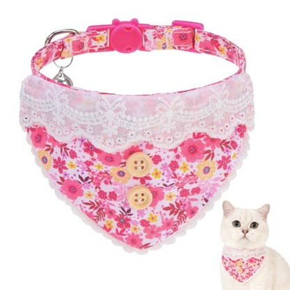 SCENEREAL Breakaway Cat Collar with Bandana Bell, Adjustable Pink Cat Collar for Girl Cats, Spring Summer Cute Kitten Collars - color: Pink Flower