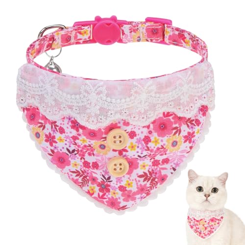 SCENEREAL Breakaway Cat Collar with Bandana Bell, Adjustable Pink Cat Collar for Girl Cats, Spring Summer Cute Kitten Collars - color: Pink Flower