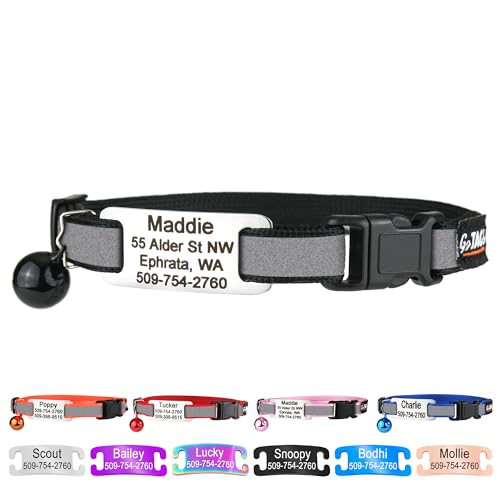 GoTags Personalized Reflective Cat Collars with Tag, Engraved Custom with Name and Phone, Breakaway Collar with Safety Buckle and Bell, Adjustable for Cats and Kitten, (Black with Nameplate) - color: Black, size: One-Size (Reflective)