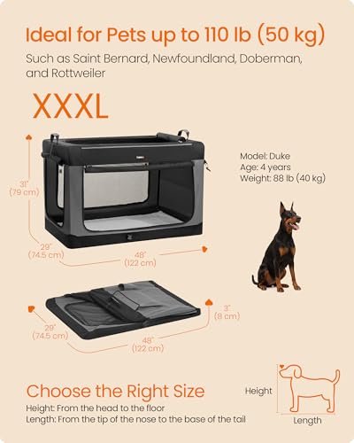 Feandrea Collapsible Dog Crate, 48-Inch Portable Dog Travel Crate for Extra Large Dogs, Oxford Fabric Pet Carrier with 4 Mesh Doors, Handles, Storage Pocket, Water Bottle Holder, Ink Black UPDC022BH01 - size: XXXL (48"L x 29"W x 31"H)