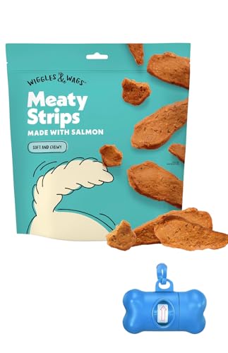 Wiggles & Wags Meaty Strips Dog Treats, Salmon Flavor, 16 oz with DN Essentials Bone Shaped Waste Bag Dispenser & Free Roll