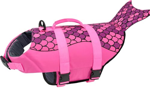 Mermaid Dog Life Jacket, Pink Ripstop Dog Life Vest for Swimming & Boating, High Buoyancy Adjustable Pet Vest with Durable Rescue Handle & D-Ring, for Small/Medium/Large Dogs (Mermaid, L) - size: Large