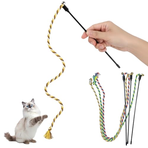 Cat Wand Toys for Indoor Cats, 3 Pack cat String Rope Toy Set, Colorful Interactive Teaser Wand with Rope Stick, Interactive Teaser Toys for Kittens and Adult Cats