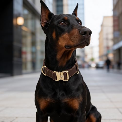 AssuredLock Leather Dog Collar, 1.5” Wide, Smooth Quick-Release Buckle with Adjustable Design, Heavy-Duty Handcrafted Collars for Large Dogs, Brown Gold-L - color: Brown-Gold, size: 17-28.5 In