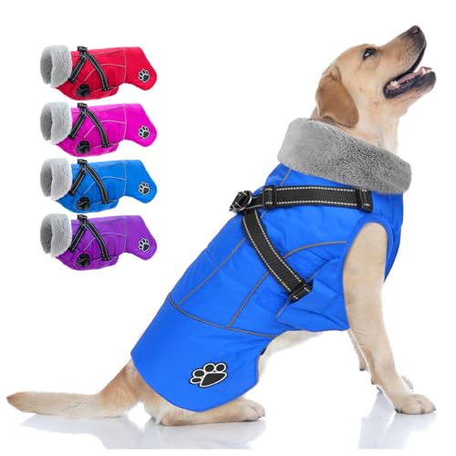 Dog Coat with Harness, Reflective Warm Dog Jacket Waterproof Puppy Winter Coat for Cold Weather, Adjustable Fleece Jacket for Small Medium Large Dogs - color: Blue, size: XX-Large