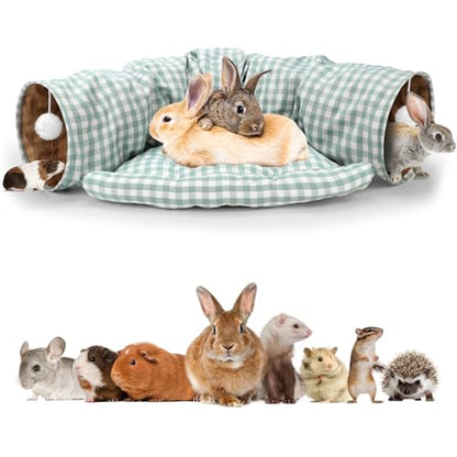 BWOGUE Bunny Tunnel Bed, 2-in-1 Collapsible Tunnel Tubes Toys with Removable Mat Hideout for Cats Kittens Rabbits Guinea Pigs Kitty (GreenPlaid) - color: GreenPlaid