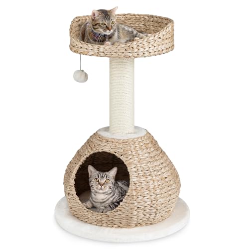 Tangkula Modern Cat Tree, Small Cat Tower with Natural Sisal Scratching Post, Hand-Made Wicker Cat Condo & Top Perch, Funny Hanging Toy Ball, Cute Cat Tree Tower for Indoor Cats - color: Off-White, size: 28.5 Inch