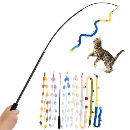 Cat Wand Toy, 8Pcs Retractable Plush Srtip Cat Teaser Wand Toys with Bell & String, Long Interactive Wand Toys for Indoor Kitten, Exercise - size: 7pcs&1pole