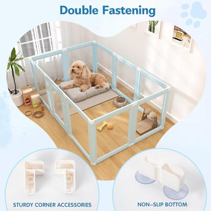 DIY Clear Acrylic Dog Playpen Indoor, Transparent Easy Cleansing Puppy Fence with Suction Cup, Easy-Assemble Indoor Whelping Crate for Small Puppies (23.6" H, 10PCS), Blue - color: Blue, style: 10PCS
