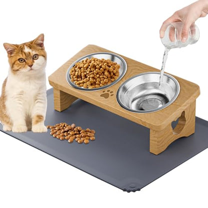 Elevated Cat Bowls, 15° Tilted Raised Cat Food Bowl with Solid Wood Stand & Stainless Steel Dishes, Cat Feeding Station with Silicone Mat, Helps Reduce Vomiting for Cats & Small Dogs(Natural) - color: Natural
